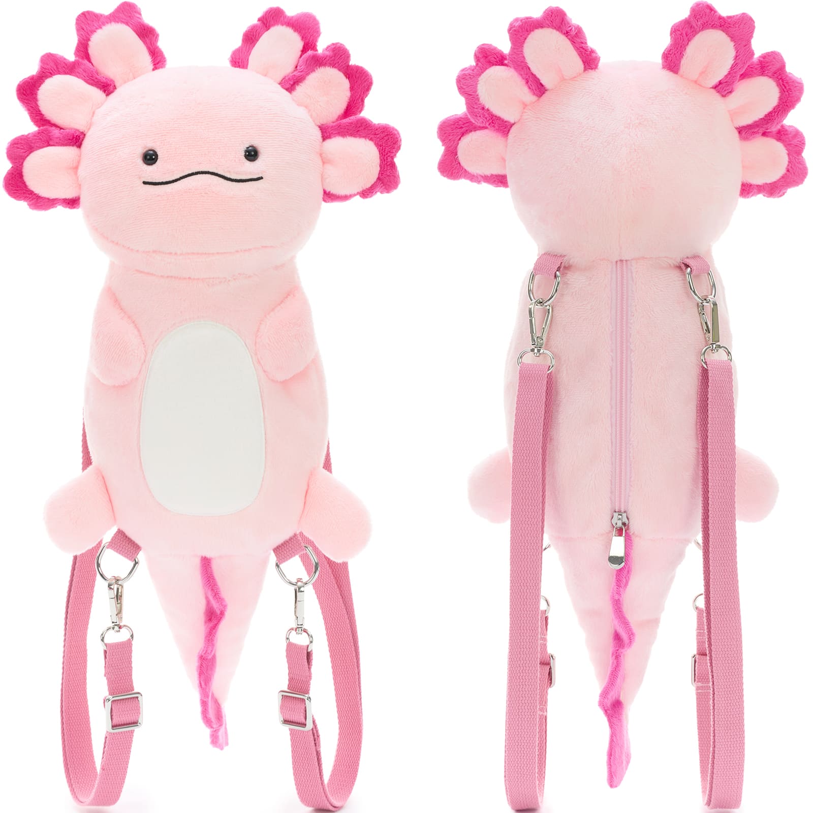 axolotl mini backpack Pink Plush The fill is spun from recycled water bottles Axolotl Plush Mini Backpack 11.5"x14"
