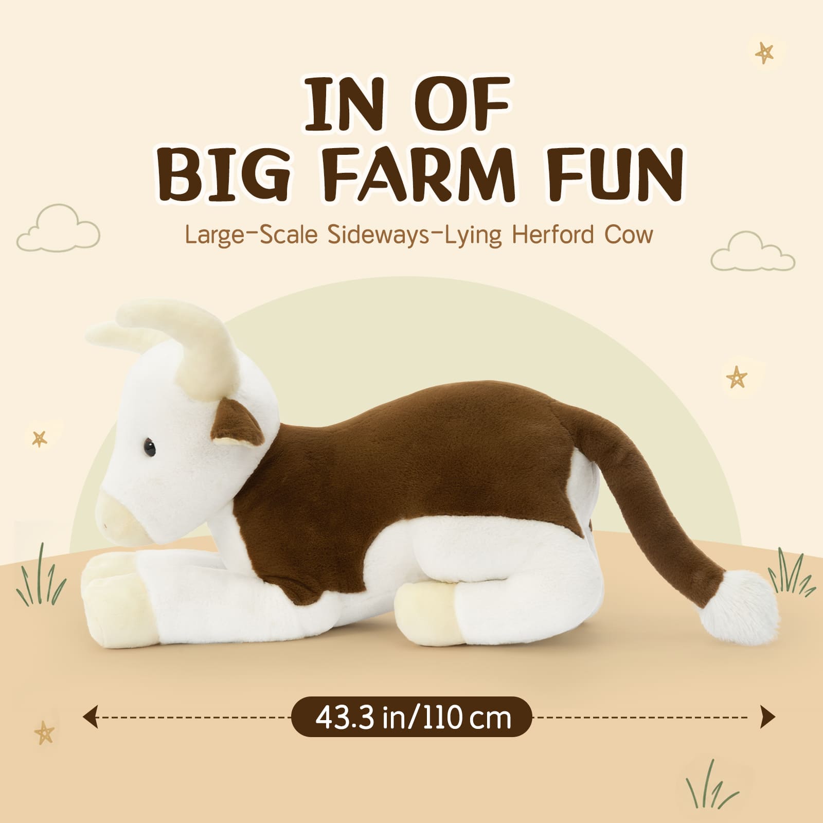 43.3-Inch Giant Plush Hereford Cattle Stuffed Animal Soft Farm Cow Pillow Toy