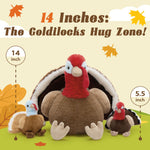 Turkey Squad plush set with one large turkey and three small baby turkey stuffed toys, soft and cuddly, perfect for Thanksgiving or gift giving.
