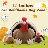 Turkey Squad plush set with one large turkey and three small baby turkey stuffed toys, soft and cuddly, perfect for Thanksgiving or gift giving.