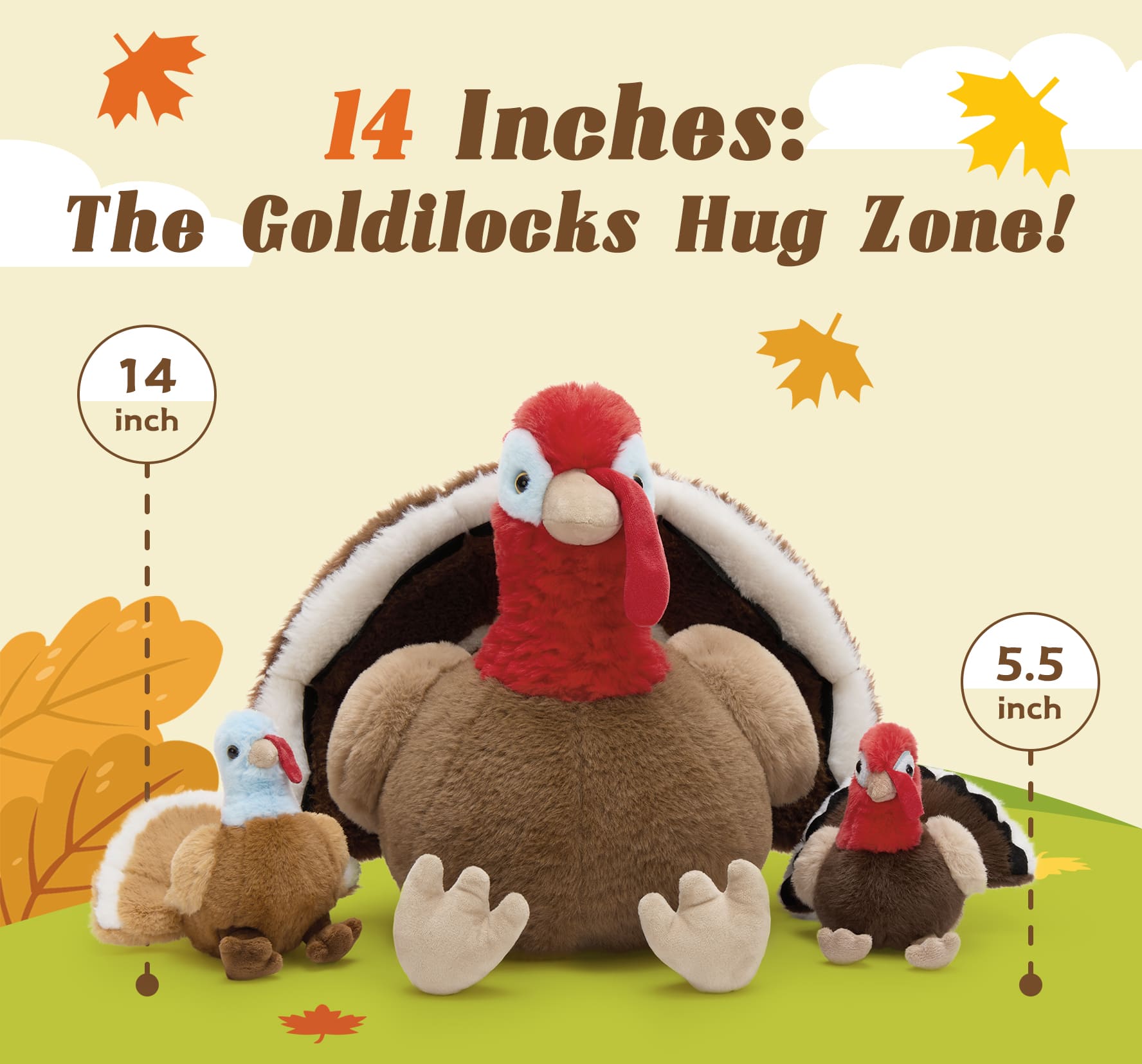 Turkey Squad plush set with one large turkey and three small baby turkey stuffed toys, soft and cuddly, perfect for Thanksgiving or gift giving.