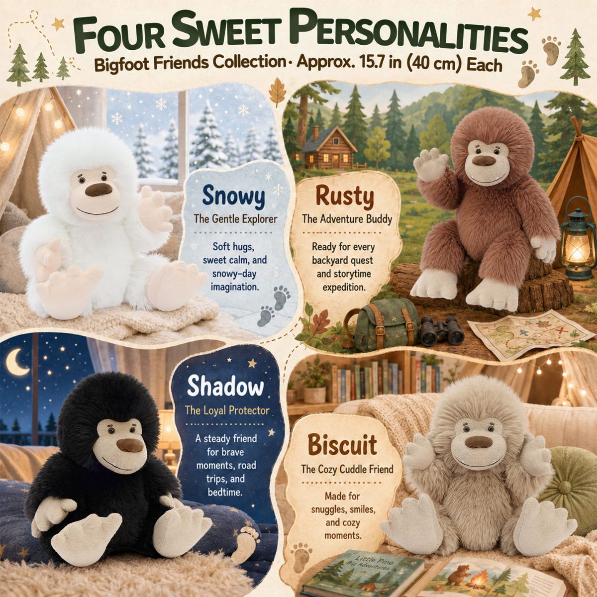 15.75-Inch Bigfoot Plush Stuffed Animal – 4 Pcs Soft & Cuddly Sasquatch Toy