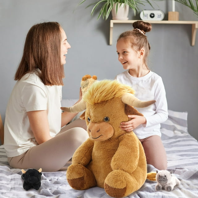 MorisMos 18'' Highland Cattle Stuffed Animal Soft Stuffed Highland Cow Plush Mommy and 3 Babies