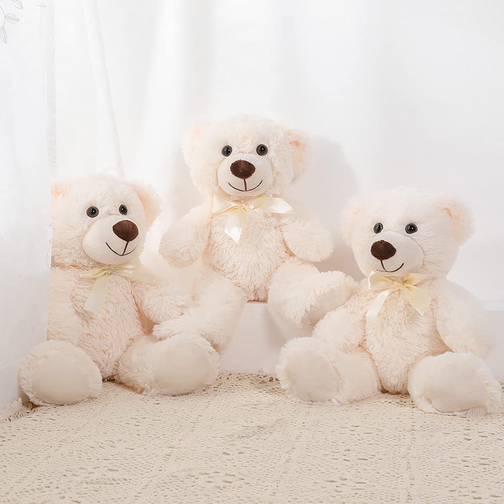 3 Pcs White Teddy Bear Stuffed Animals - 14 Inches Beige Teddy Bear Plush Toys - Teddy Bear Theme Baby Shower Centerpieces - Cute Teddy Bear Plush Dolls Bulk - Free Shipping