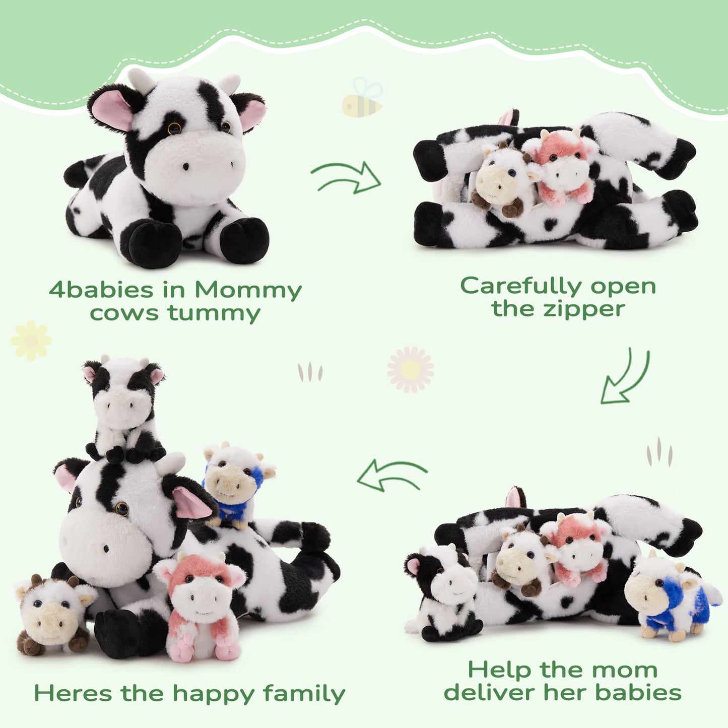 5 Pcs Dairy Cow Stuffed Animals Bulk - 16 Inches Cow Plush Toys Set - Stuffed Animal Babies with Their Mom - Stuffed Animals with Babies in the Belly - Cute Farm Cow Cartoon Plush Dolls for Kids - Cartoon Soft Toys - Christmas/Birthday Gift Ideas