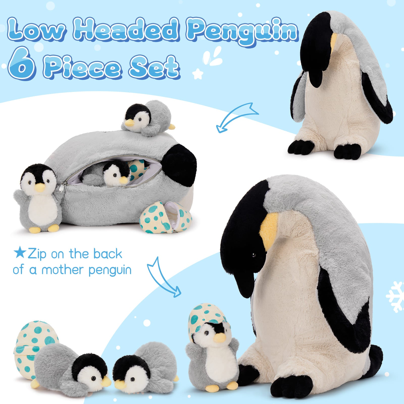 MorisMos Stuffed Penguin Plush Toy Set 17.7" Soft Penguin Stuffed Animal with 3 Cute Babies 1 Egg Cuddly Gift for Kids Birthday