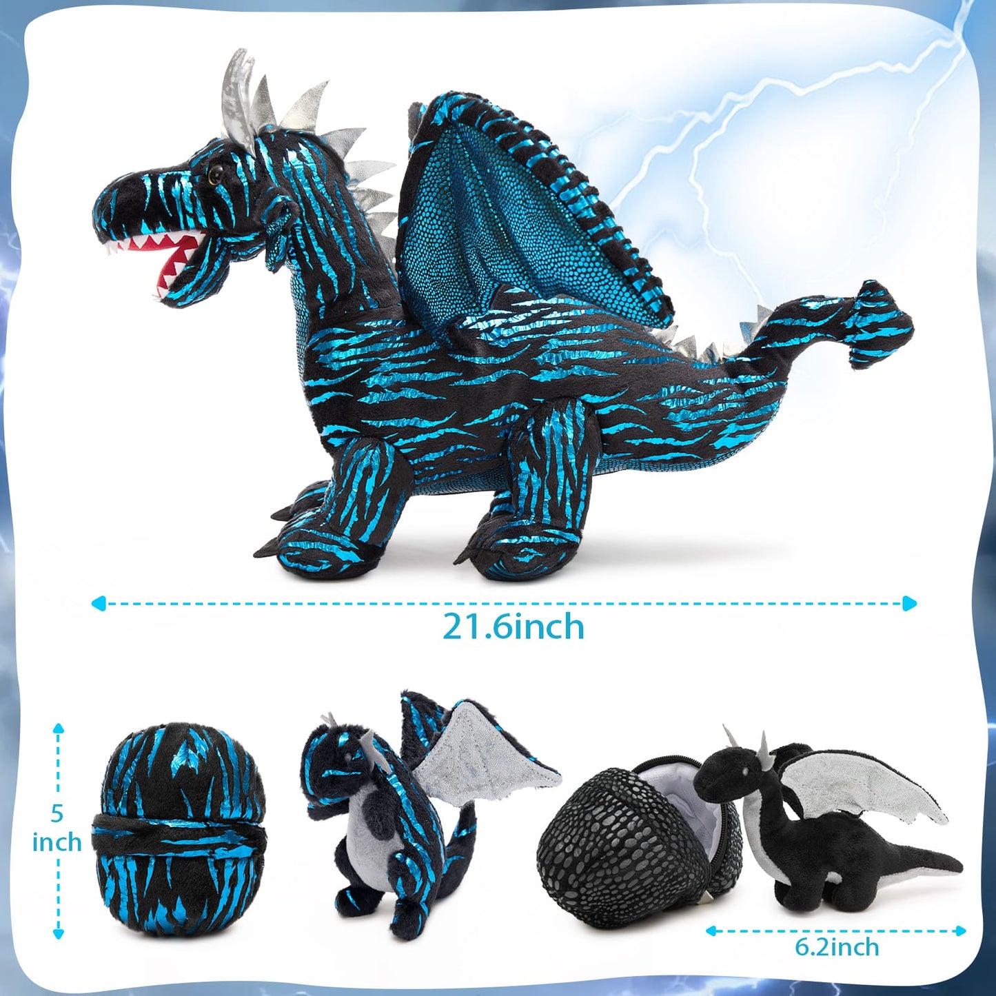 7-Piece Black & Blue Dragon Plush Toy Set – Mom Dragon with Baby Dragons