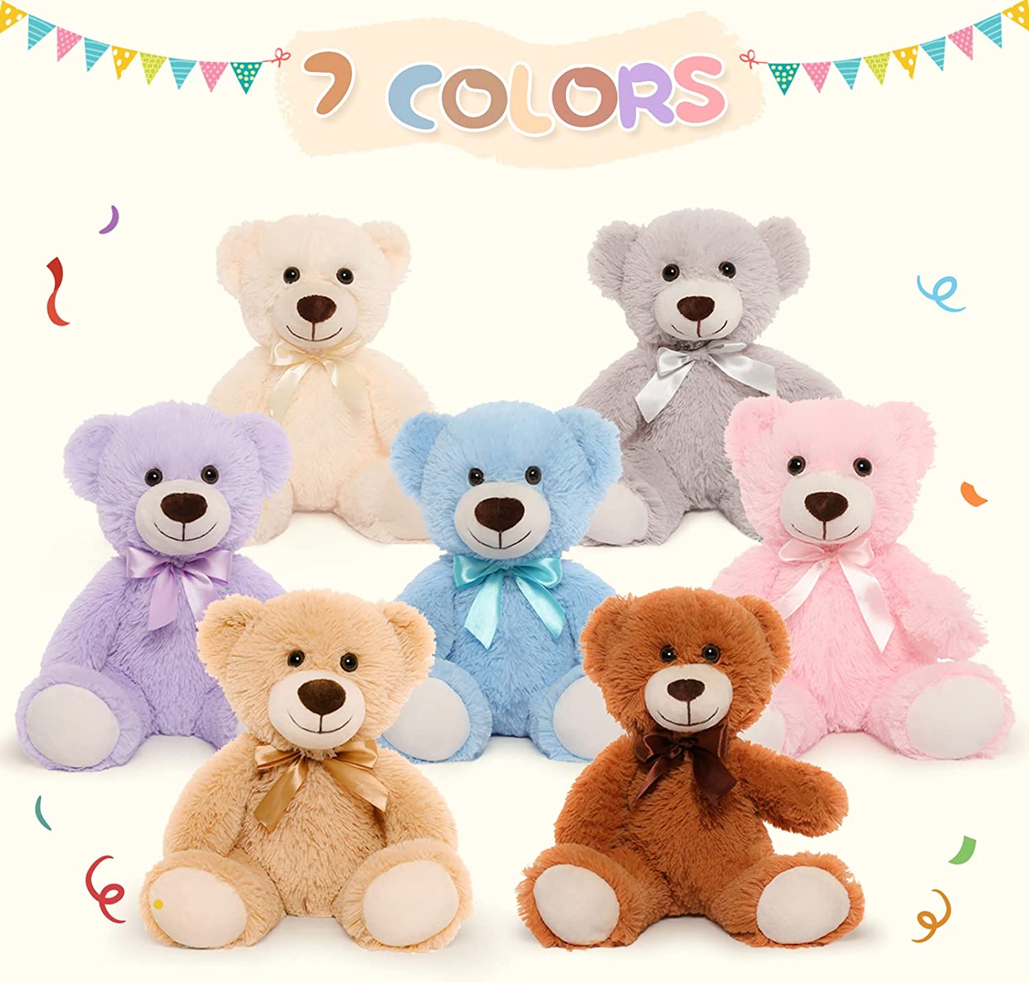 7-Piece Teddy Bear Stuffed Toys, Seven Colors, 13.8 Inches