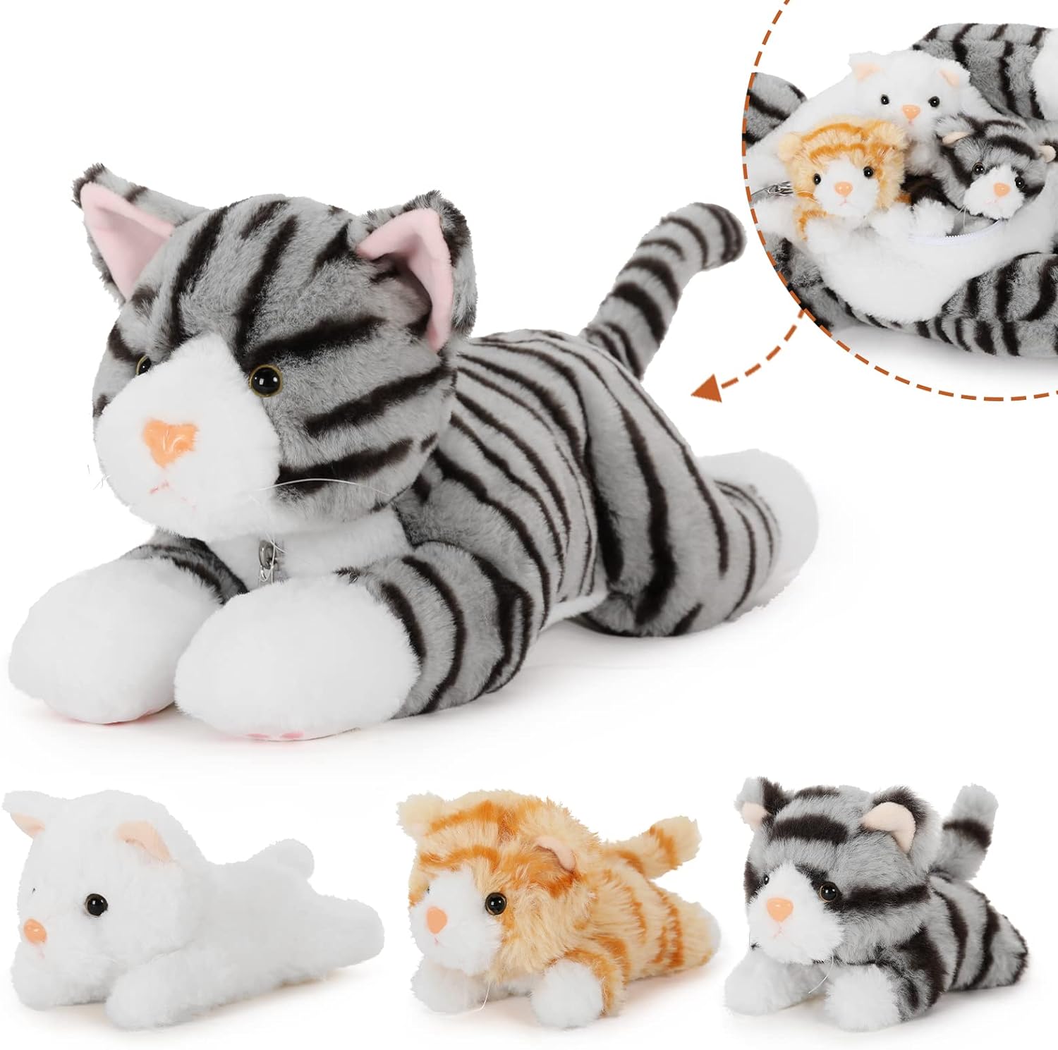 4 Piece Cat Plush Set, Mom Cat Stuffed Animal with 3 Baby