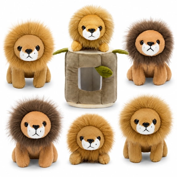 Tezituor 7Pcs Lion Stuffed Animal 5.5'' Cute Lion Plush with 6 Baby Lions and 1 Tree Stump Plush Set