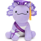8 inch soft purple axolotl plush toy wearing graduation cap and sash, designed as a charming and funny graduation gift, perfect for celebrating academic success.