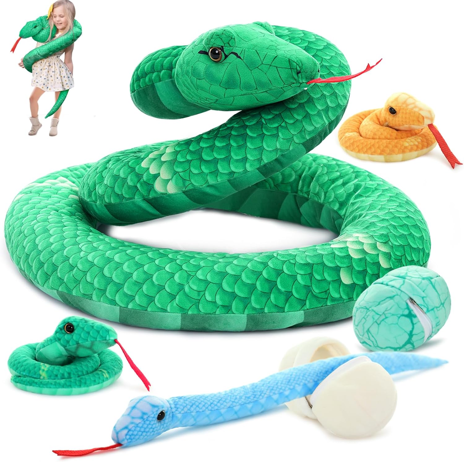 6Pcs Long Green Boa Constrictor Snake Stuffed Animal Realistic Snake Plush Toy with 3 Babies and 2 Snake Egg