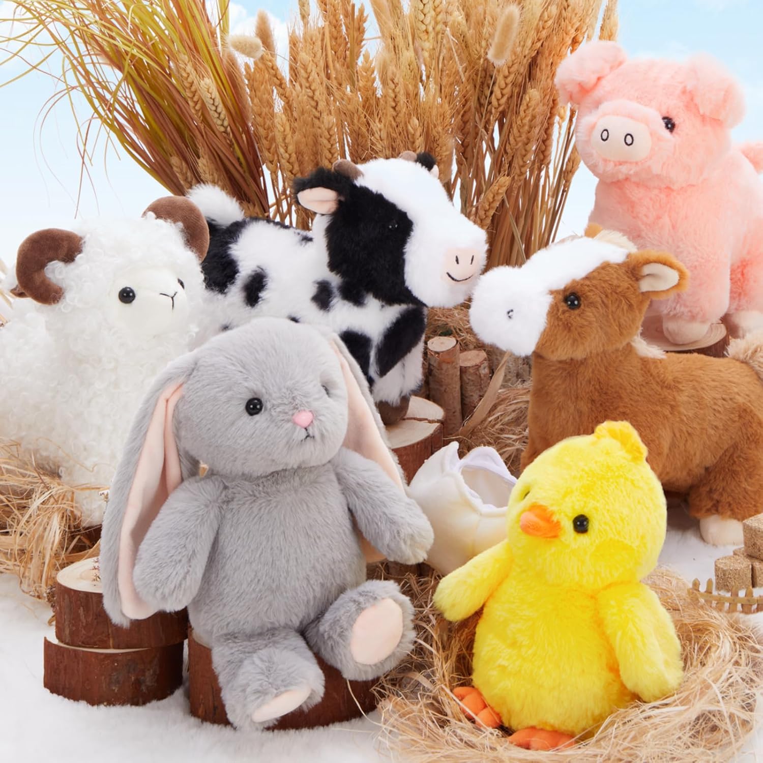 MorisMos 6Pcs Farm Animal Stuffed Animals Bulk with Cow/Horse/Sheep/Pig/Bunny/Chick Plush Toys