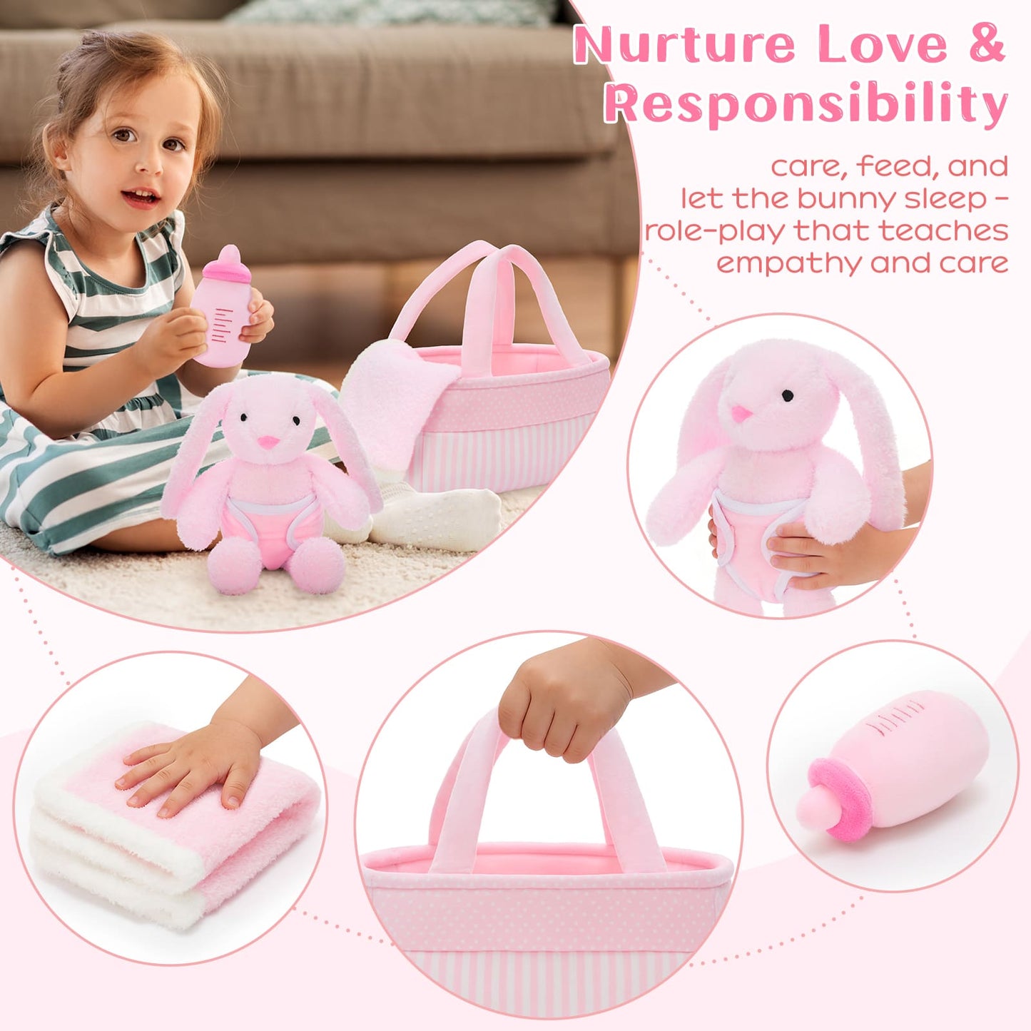 A luxury baby gift set composed of a plush bunny, a soft blanket, and a pink Easter basket, arranged together as a premium and thoughtful present suitable for newborns or baby celebrations.