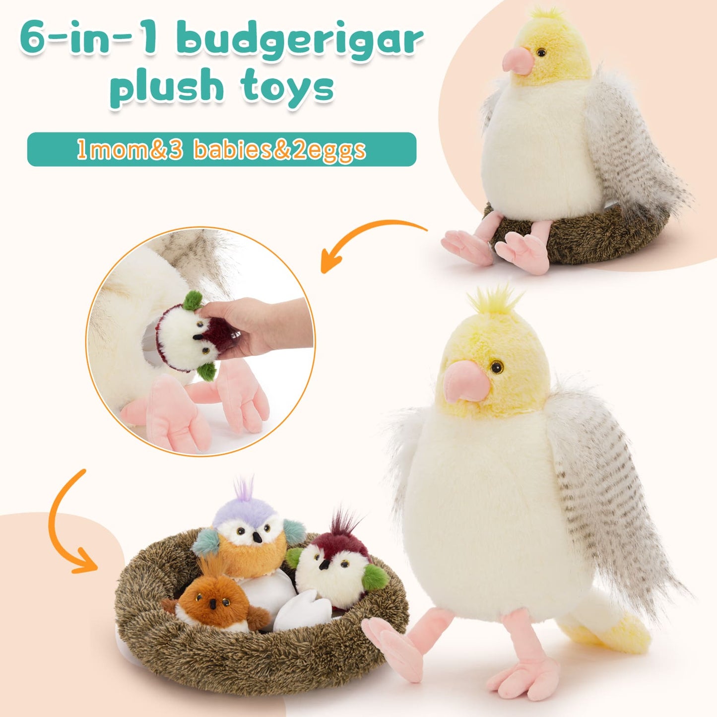 Budgerigar Stuffed Animals - Parakeet Plush Toys - One Big Parrot Plush with Three Parrot Baby Plushies - Parrot Stuffed Animals with Babies in the Belly - Parrot Stuffed Animal Babies with Their Mom - Christmas Birthday Thanksgiving Gift for Birders