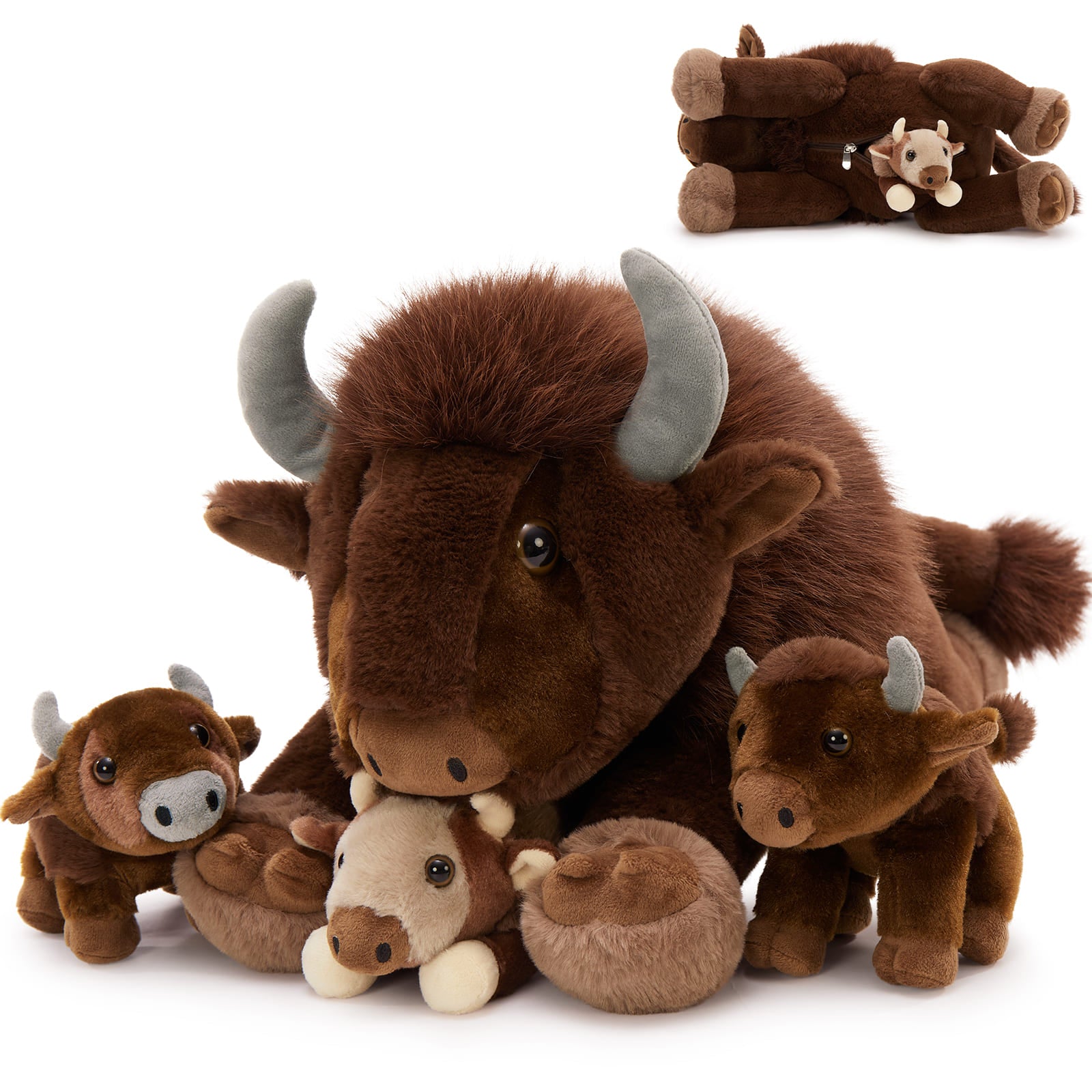 MorisMos 4Pcs Bison Stuffed Animal, 18inch Bison Mommy with 3 Baby Plush Toy, Soft Buffalo Wild Stuffed Animals Gift for Kids, Boys, Girls