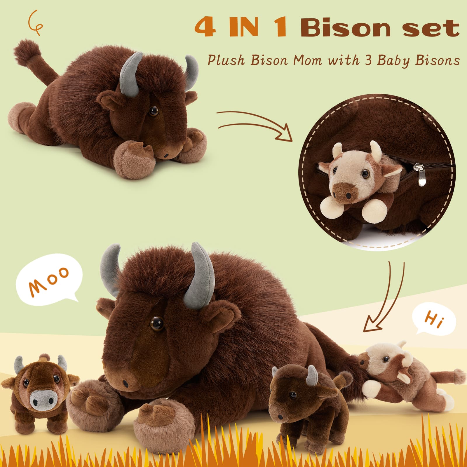 MorisMos 4Pcs Bison Stuffed Animal, 18inch Bison Mommy with 3 Baby Plush Toy, Soft Buffalo Wild Stuffed Animals Gift for Kids, Boys, Girls