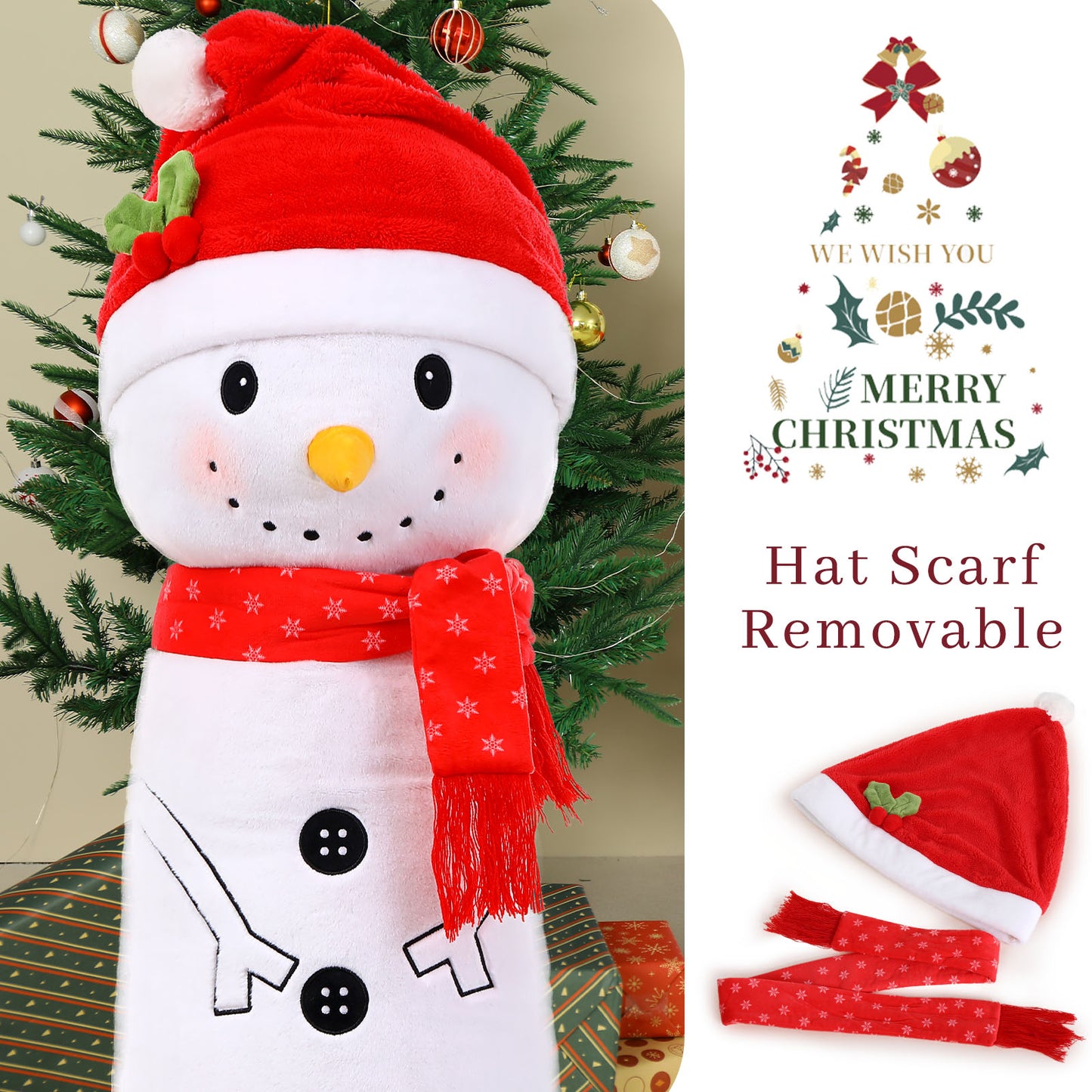 Christmas Throw Pillows for Bed Sofa - White Snowman Long Throw Pillow 43 Inches - Cartoon Snowman Cushion Pillows for Children - Cozy Long Soft Plush Pillows - Christmas Gift Ideas - Soft Body Pillows