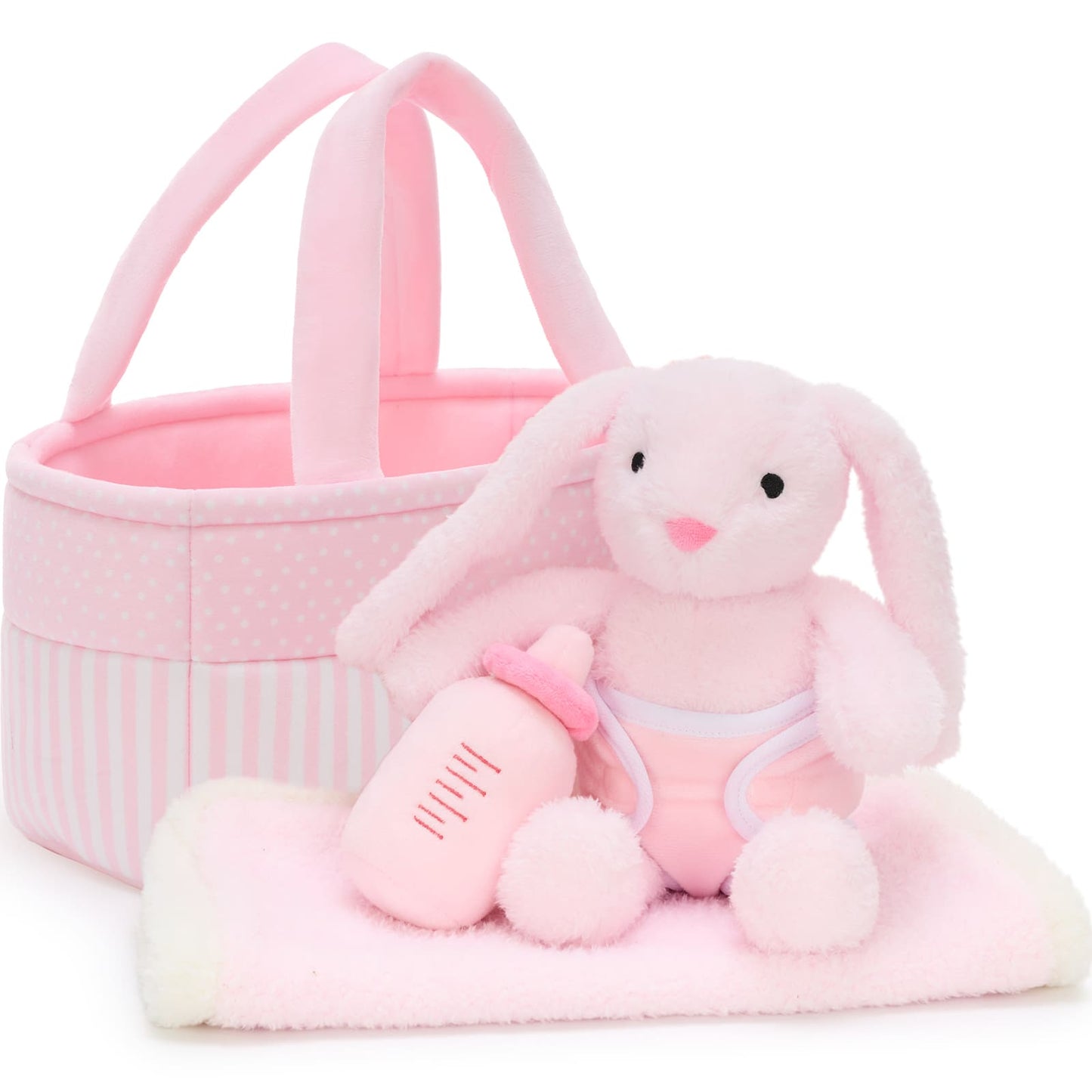 A cute pink Easter basket gift set featuring a soft plush bunny, a baby bottle toy, and pastel-themed accessories arranged neatly, designed as an adorable present for toddlers or infants.