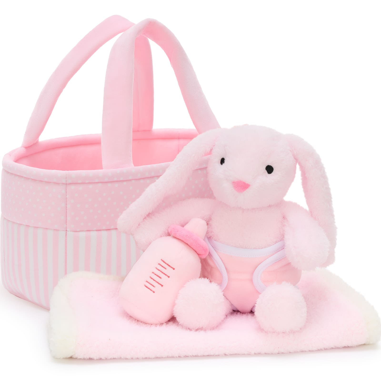 Cute Plush Bunny Gift Set with Basket, Blanket & Bottle