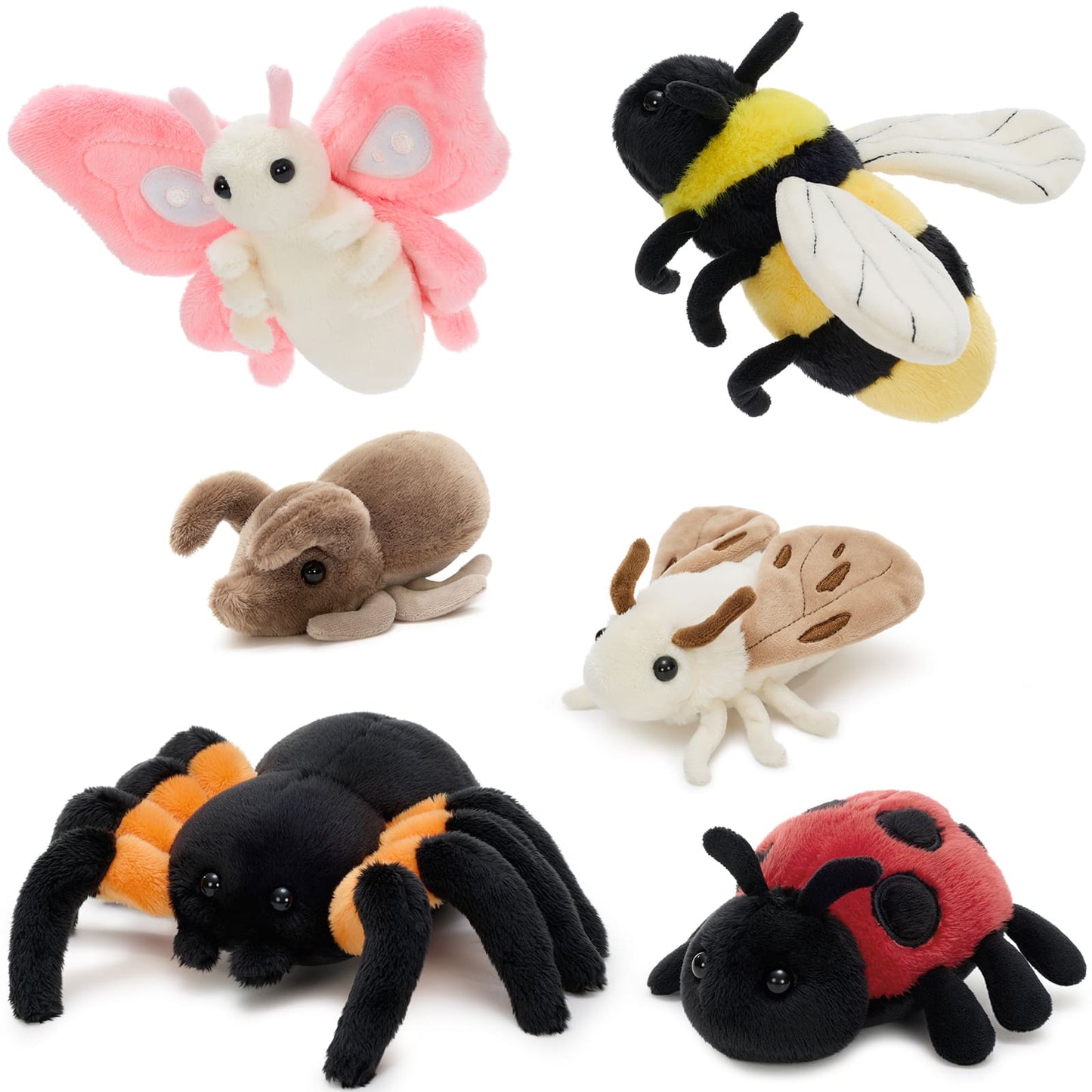 Cute plush insect collection featuring soft and cuddly stuffed toys inspired by nature, including a fluffy bee, delicate butterfly, cozy moth, soft spider, beetle, and ladybug, all designed with high-quality materials for a comforting and playful feel, perfect for kids’ rooms, nursery decor, imaginative play, and unique gift ideas.