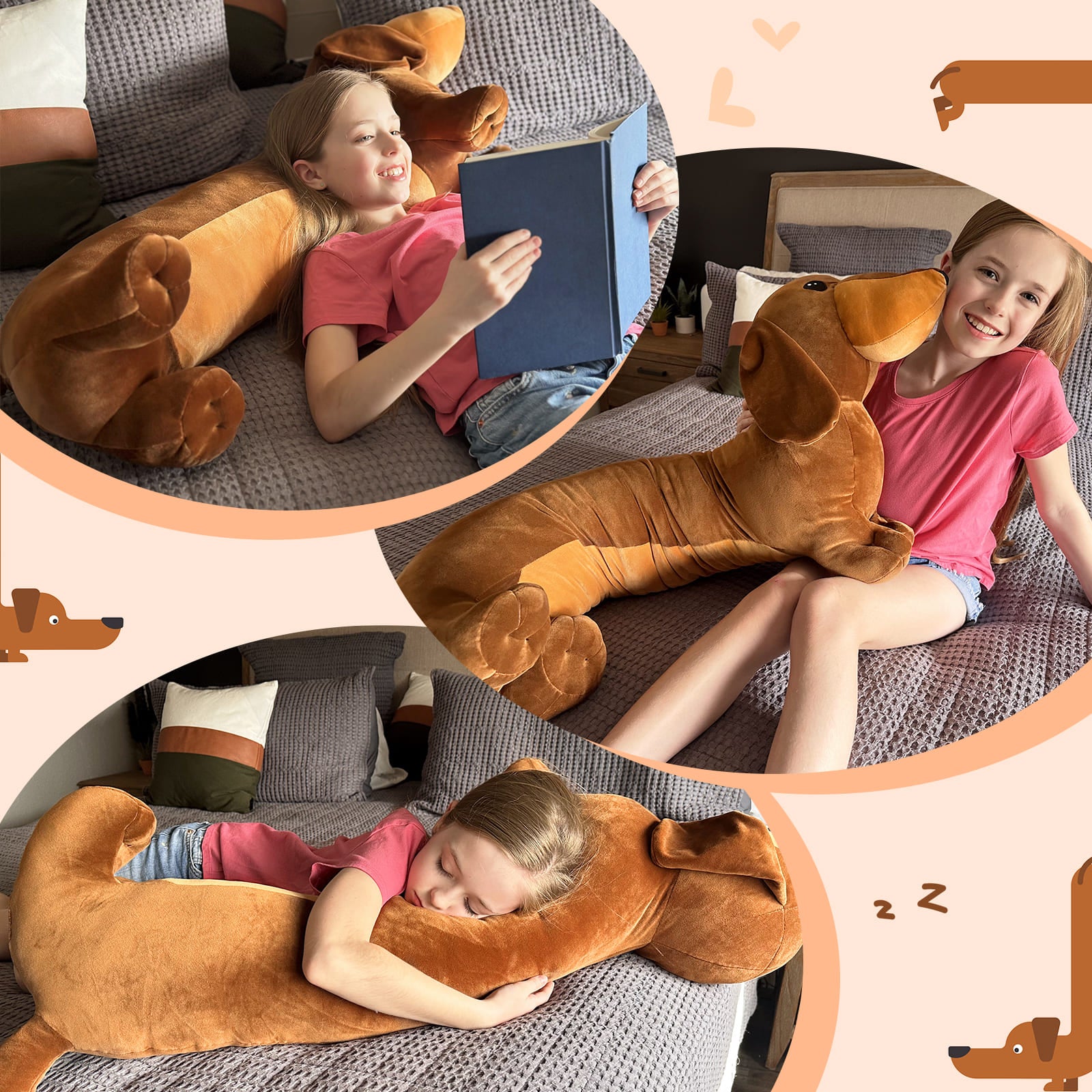 Dachshund Plush Pillow Dog Stuffed Animals, Brown/Black, 43.3 Inches