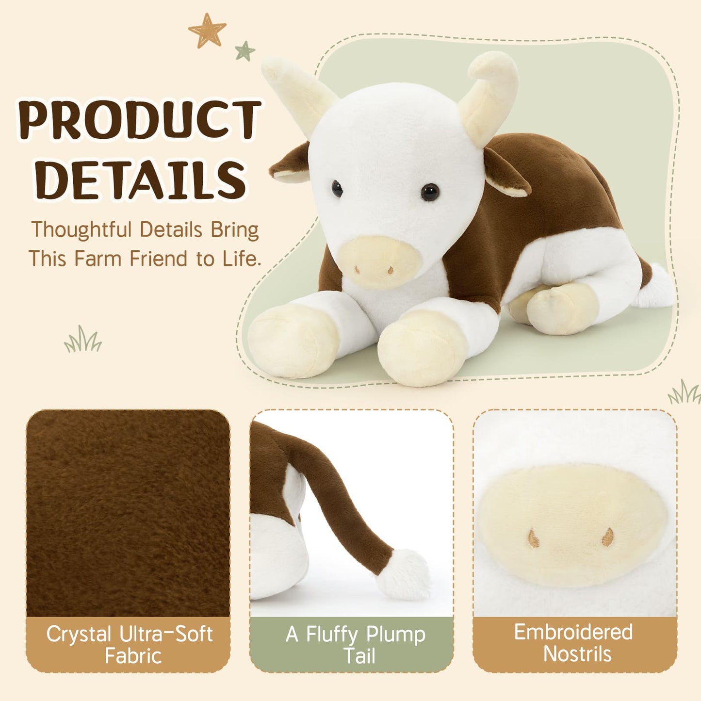 43.3-Inch Giant Plush Hereford Cattle Stuffed Animal Soft Farm Cow Pillow Toy