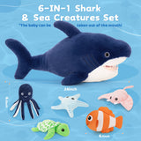 23.6-Inch Shark Plush Toy Set with Turtle Stingray Starfish Clownfish Octopus