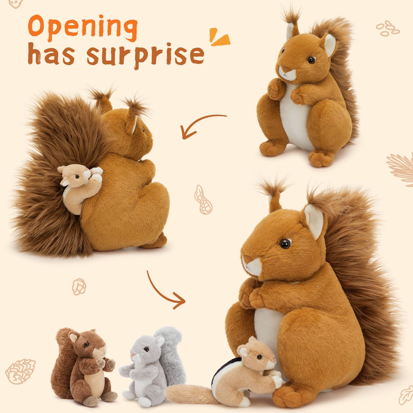 Golden Brown Squirrel Plush Toy with Fluffy Tail and Three Baby Squirrels - Soft, Hugable Stuffed Animal for All Ages