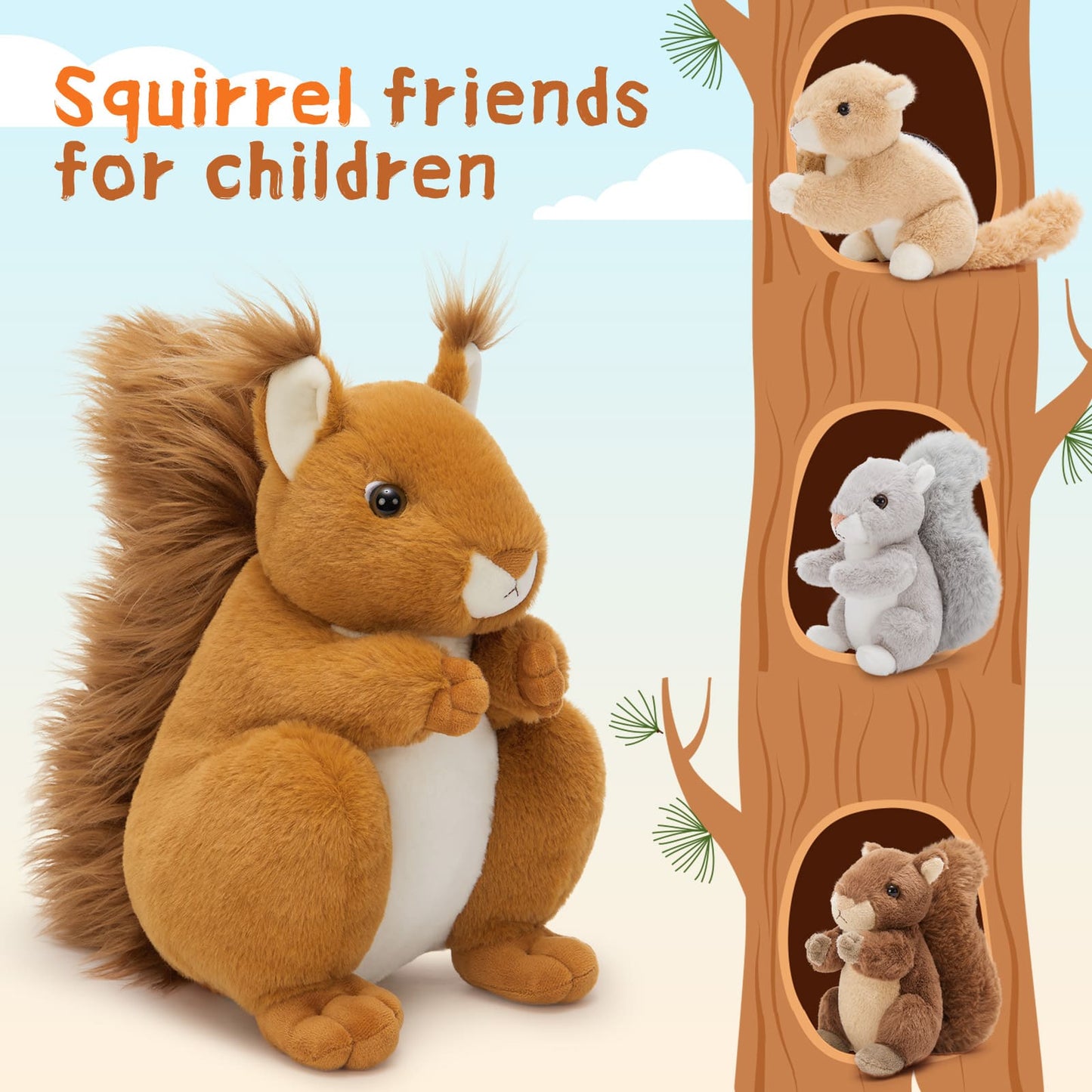 Realistic Golden Brown Squirrel Plush Toy with Three Baby Squirrels - 31 Inches of Softness, Perfect Gift for Birthdays and Holidays