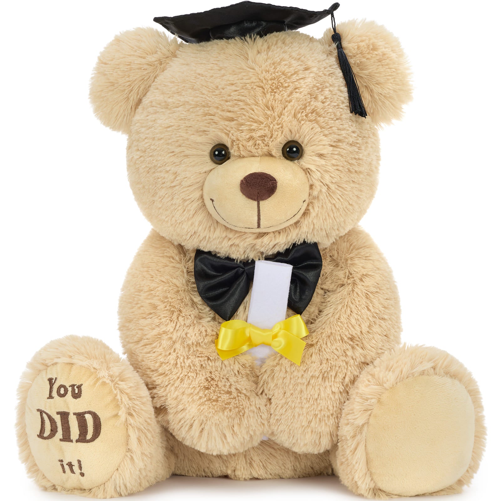 Adorable plush graduation bear with black cap bow tie and diploma scroll cuddly congratulations gift for graduation party