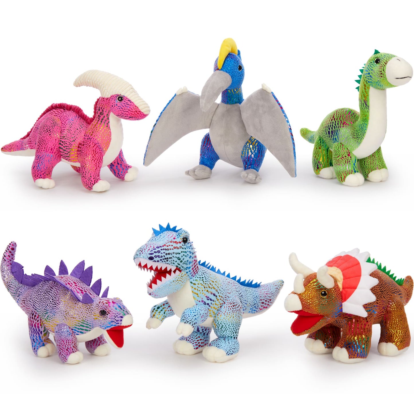 Cute glittery dinosaur plush toy set with T-Rex, Triceratops, Stegosaurus, Pteranodon, Brachiosaurus, and Parasaurolophus stuffed animals for kids and collectors