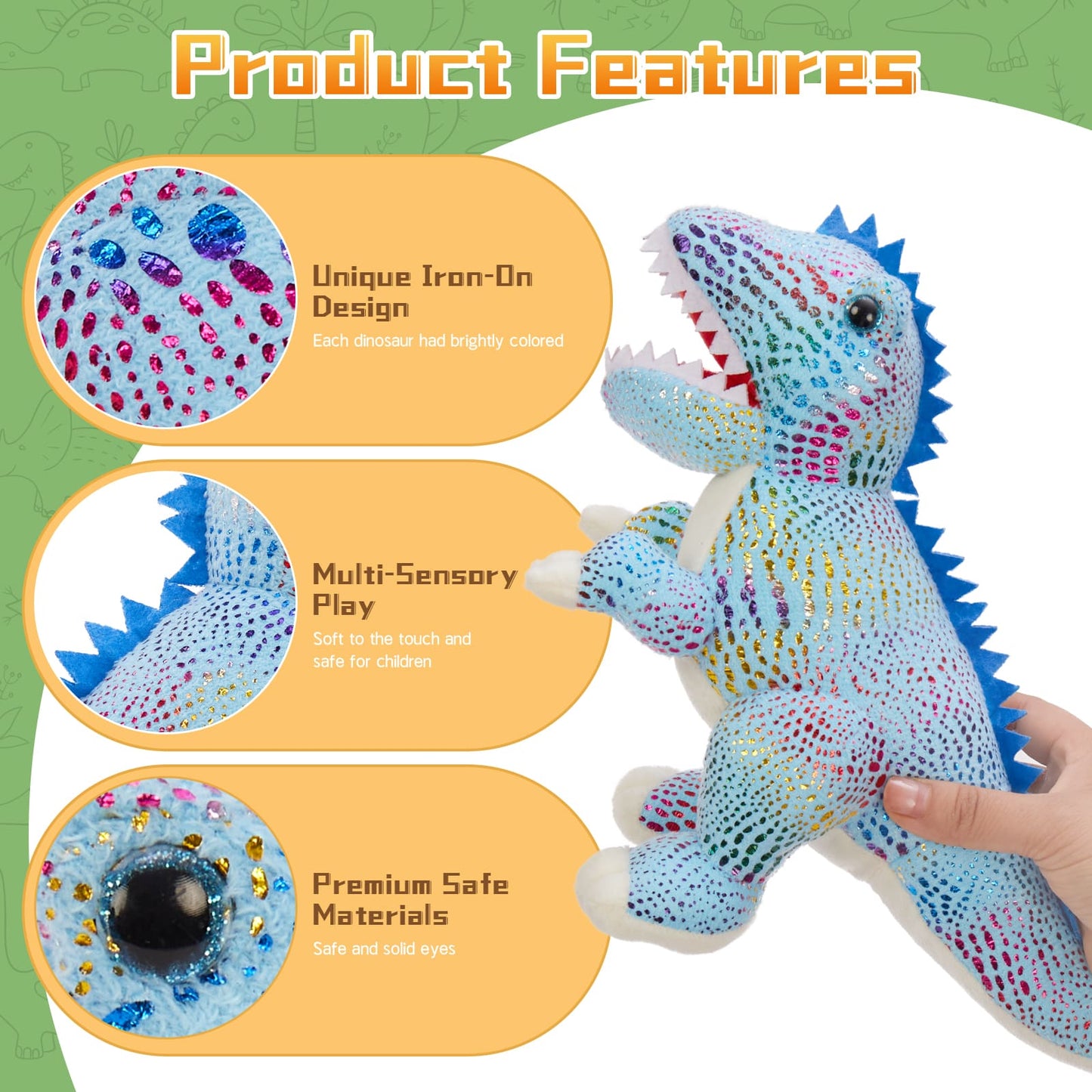 Cute glittery dinosaur plush toy set with T-Rex, Triceratops, Stegosaurus, Pteranodon, Brachiosaurus, and Parasaurolophus stuffed animals for kids and collectors
