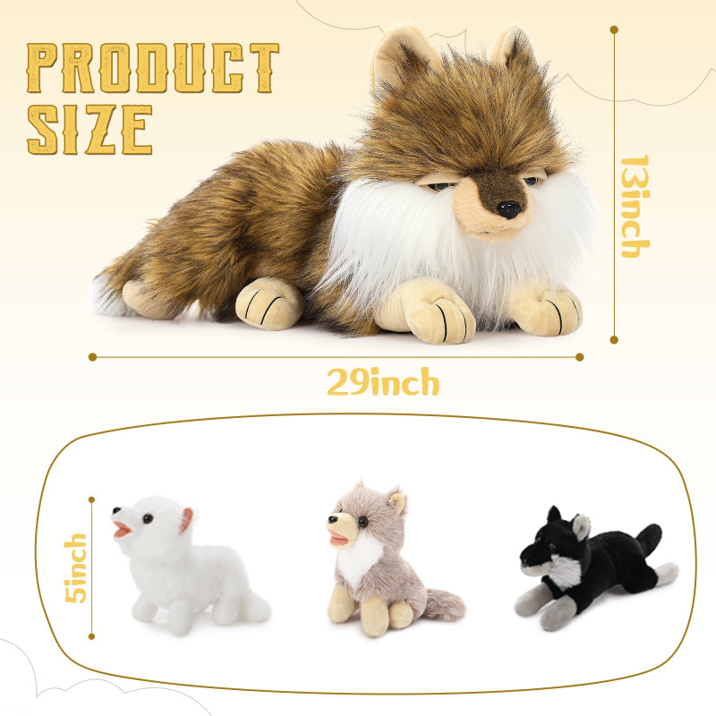 One Big Wolf Plush with Three Small Wolf Babies - Stuffed Animal Babies with Their Mom - Stuffed Animals with Babies in the Belly - Jungle Safari Plush Toys - Realistic Wolf Plush - Lifelike Wolf Plush Dolls - Birthday Baby Shower Christmas Gift for Children