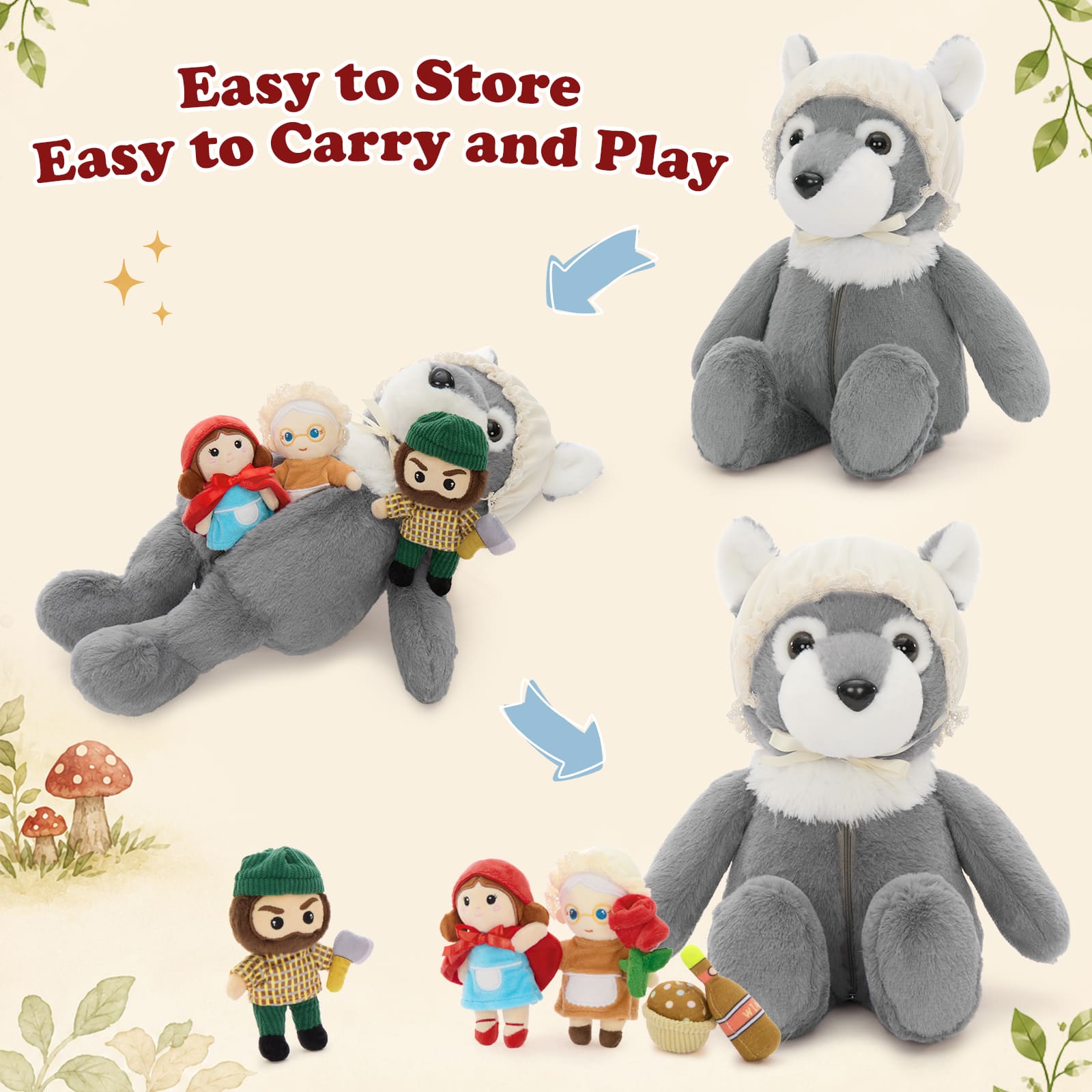 Storybook Character Plush Toy Set – Little Girl, Grandma, Hunter & Wolf Stuffed Dolls