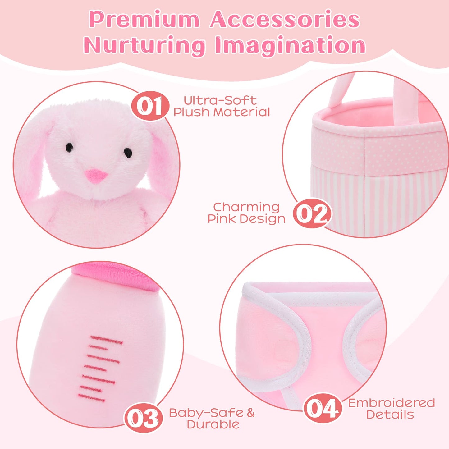 A soft pink bunny plush toy placed inside a matching pastel Easter basket, accompanied by baby-friendly accessories, creating a charming and cozy gift set for young children.