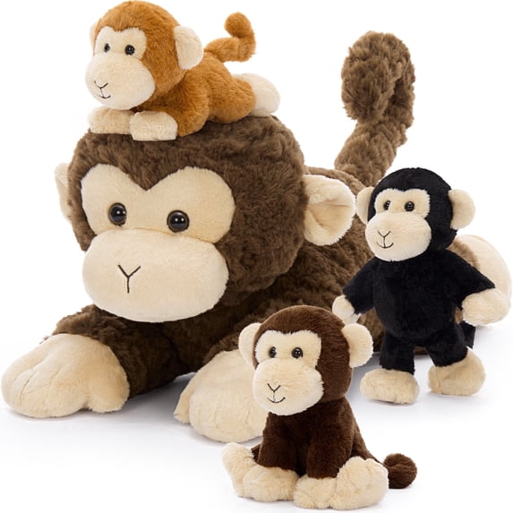 MaoGoLan 17.72" 4Pcs Monkey Mommy Stuffed Animal with 3 Baby Monkeys Plush Toy