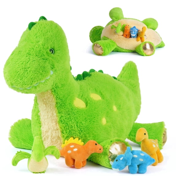 MaoGoLan 26 Inch Dinosaur Stuffed Animal Set with 4 Baby Dinosaurs Giant Green Mommy Dino Plush Toy