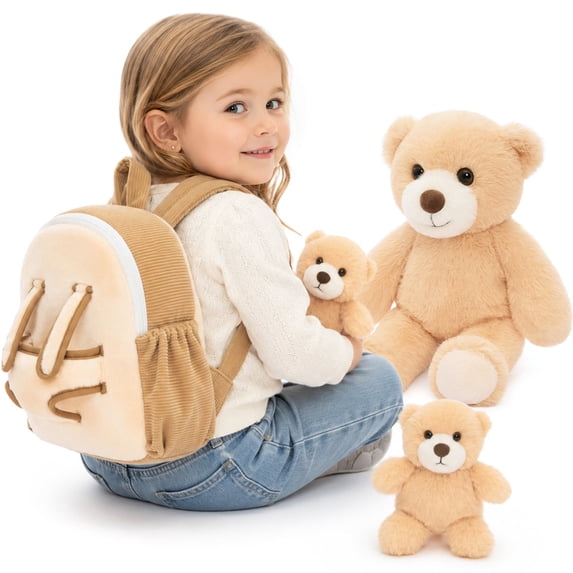 MaoGoLan 4 Pcs Bear Stuffed Animal 12.6'' Large Stuffed Bear with A Backpack and 2 Baby Bears Plush Toy