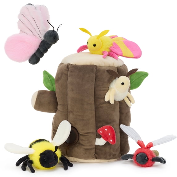 MaoGoLan 6 Pcs Insect Stuffed Animal 10'' Large Stuffed Tree Stump with 5 Cute Insects and Mushrooms Inside Plush Toy