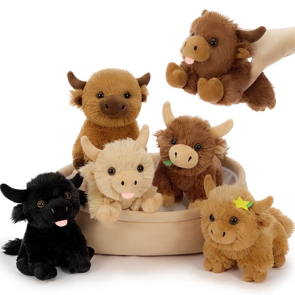 MaoGoLan 7 Pcs Bulk Stuffed Animals Highland Cattle Stuffed Animals Cow Plush Toy with a Cow Bed Plush