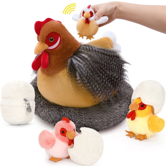 MaoGoLan 8Pcs Chicken Stuffed Animals with 3 Babies Chickens, 3 Eggs, 1 Nest House Stuffed Chick Plush Set Toys Farm Plush Toy with Movement can Make Sounds