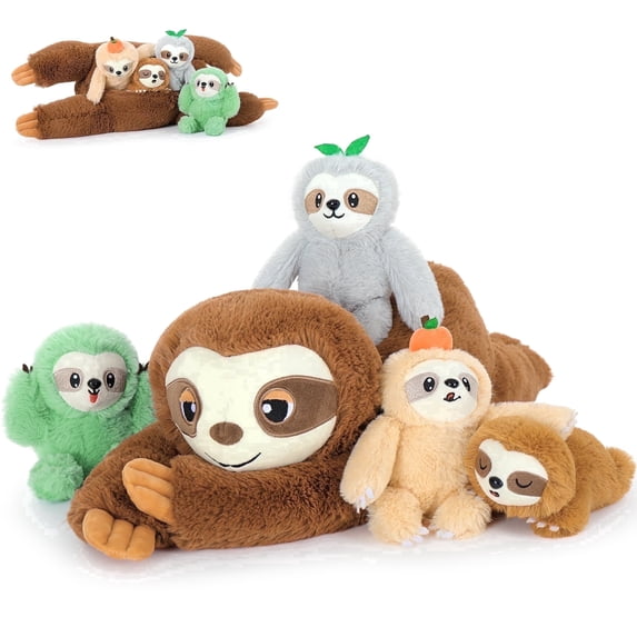 MaoGoLan Sloth Stuffed Animal Sloth Plush Toy Set 23.6-Inch Giant Mommy Sloth Plushie with 4 Soft Baby Sloths Inside Stuffed Sloth Toys