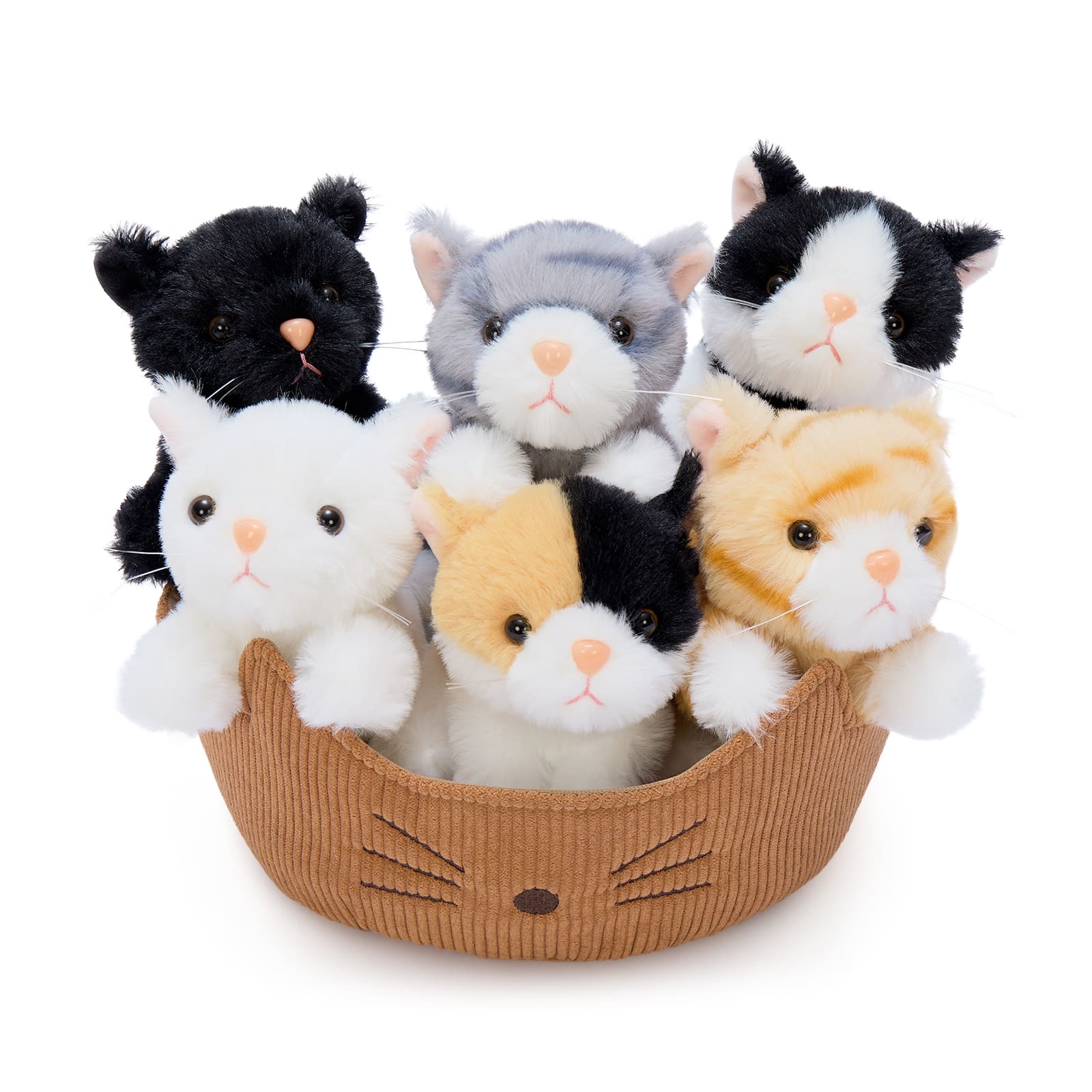 Six Pcs 3.5 Inch Kitten Stuffed Animal Set with Basket