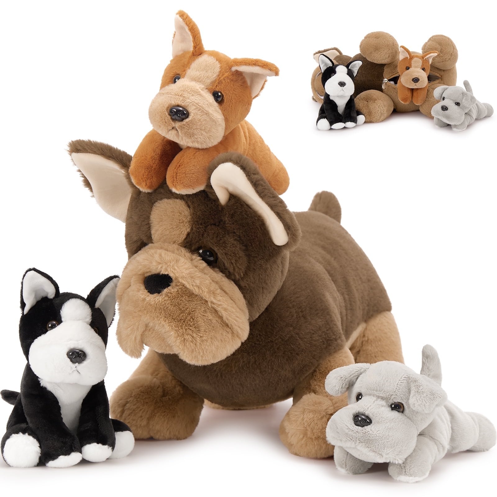 MorisMos 18" Bulldog Stuffed Animal Mommy Dog with 3 Baby Plush Toys