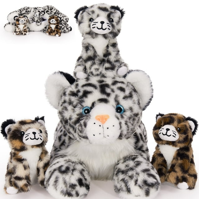 MorisMos 18" Snow Leopard Stuffed Animals with 3 Babies