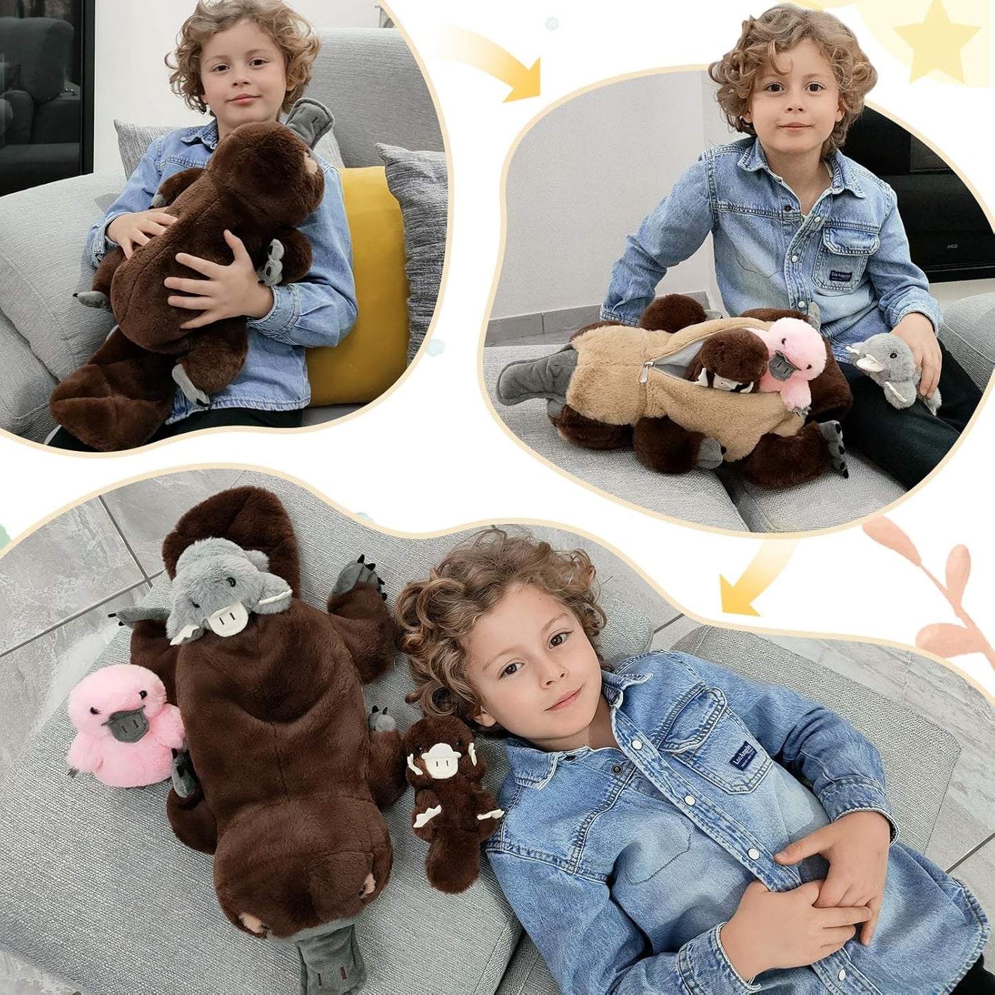 Realistic Duckbill Plush Toys - 4 Pcs Simulation Platypus Stuffed Animals - Cute Duckbill Plush Dolls - Stuffed Animal Platypus Babies with Their Mom - Gifts for Kids Teens Adults