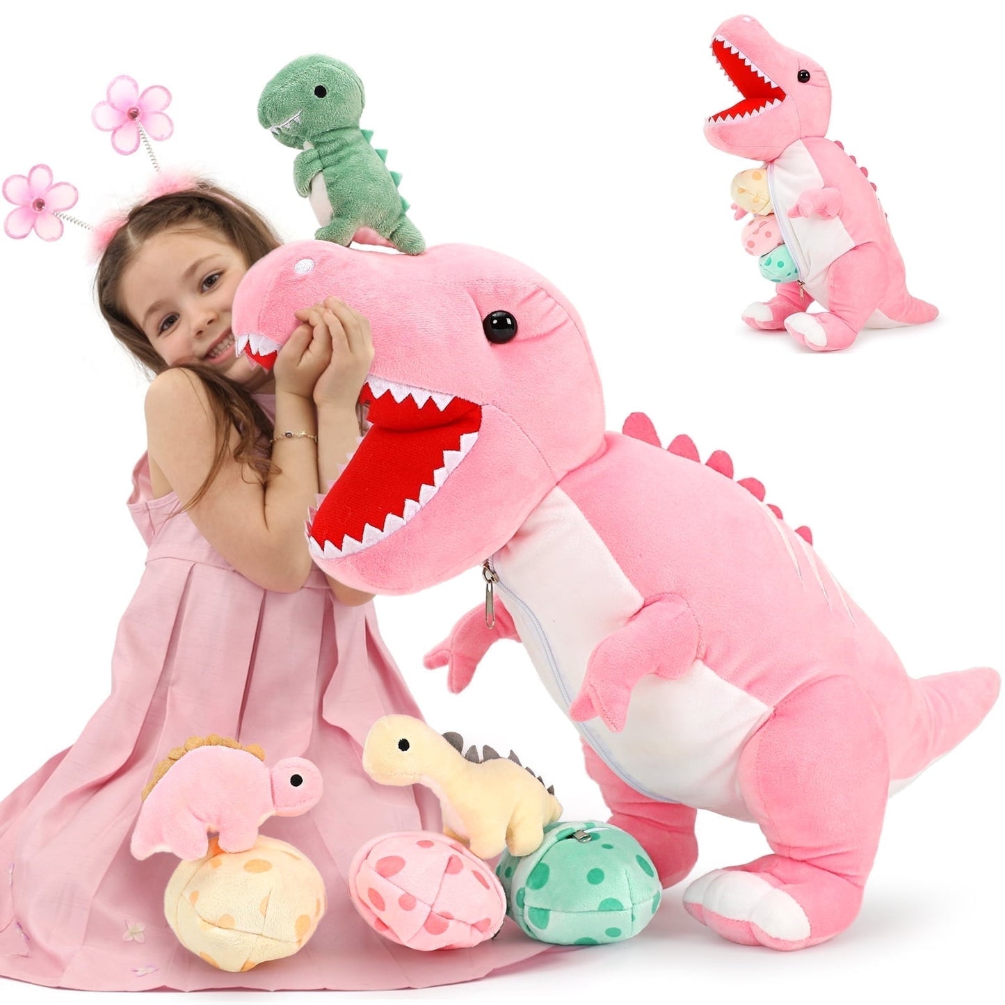 MorisMos Plush Dinosaur Stuffed Animal 23.6'' Mommy Stuffed Dinosaur with 3 Babies