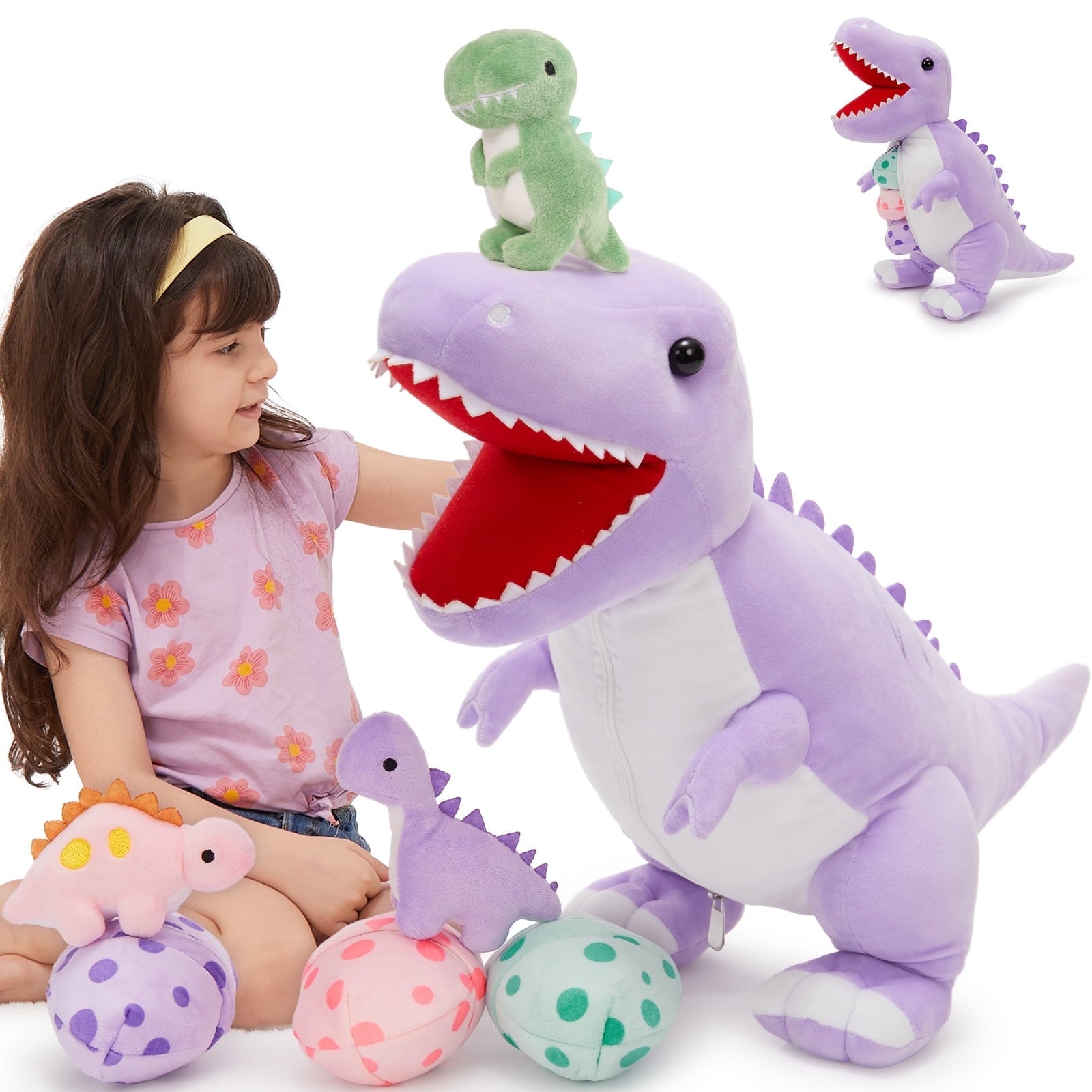 MorisMos Plush Dinosaur Stuffed Animal 23.6'' Mommy Stuffed Dinosaur with 3 Babies