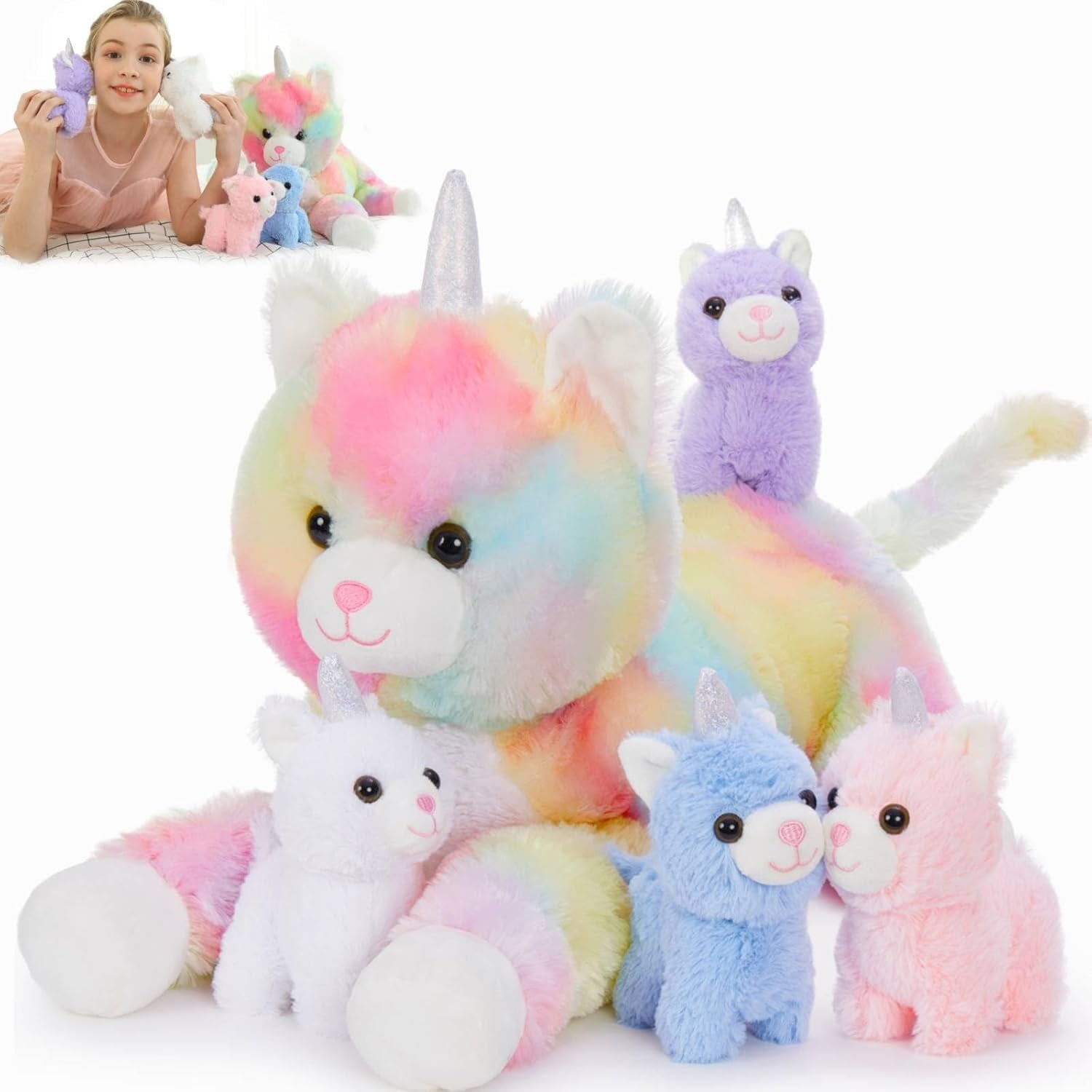 MorisMos 24" Unicorn Cat Stuffed Animal Mommy Kitty and 4 Baby Plush Toys